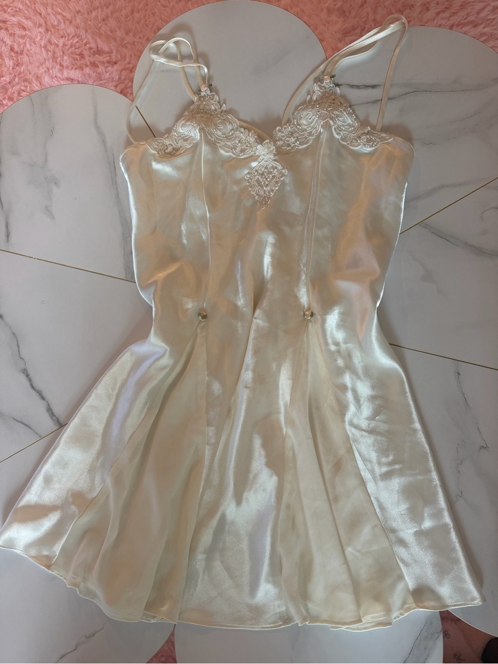 Vintage Silky Ivory Lace-Trim Slip Dress -Women’s Intimates